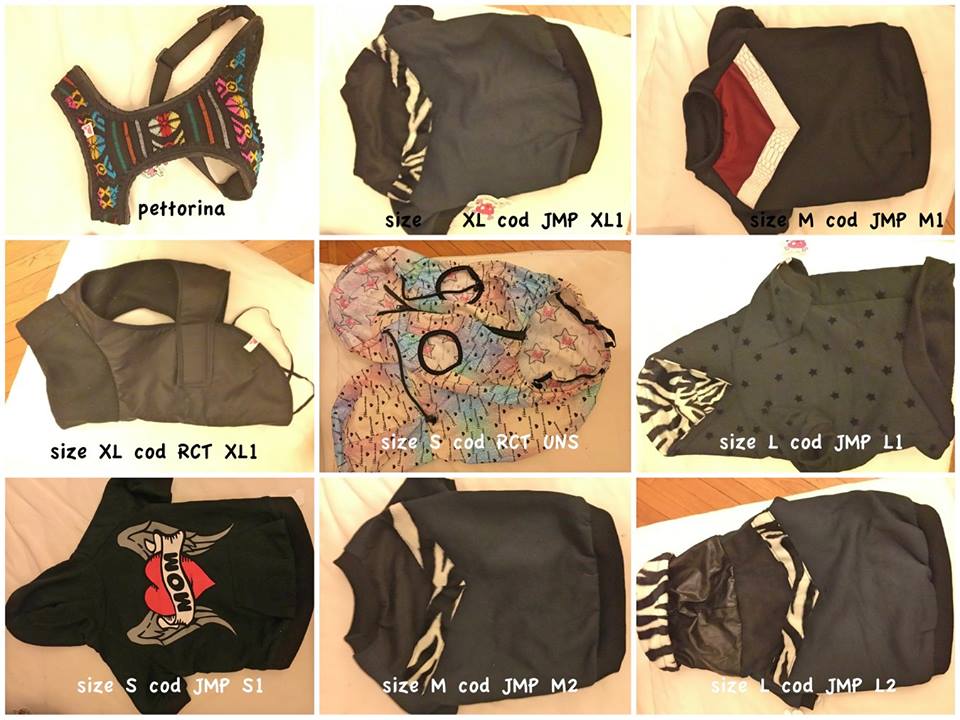 Ringraziamo il brand Pimp My Pug per gli articoli donati al nostro Rescue perché potessero essere venduti sul nostro Temporary Store a scopo di raccolta fondi. DISPONIBILITA' : PETTORINE : n 2 FELPINAcod JMP XL1 : n1 FELPINA cod JMP M1 :ESAURITO IMPERMEABILE cod RCT XL1 : n 1 IMPERMEABILE cod RCT UNS : n 2 FELPINA cod JMP L1 : ESAURITO FELPINA cod JMP S1 : n 1 FELPINA cod JMP M2 : ESAURITO FELPINA cod JMP L2 : ESAURITO CONTRIBUTO MINIMO RICHIESTO : FELPINE ( cod JMP) € 35 inclusa spedizione IMPERMEABILI ( cod RCT) € 35 inclusa spedizione PETTORINE € 25 inclusa spedizione si prega di specificare nell'ordine il codice dell'articolo riportato sulla foto. grazie
