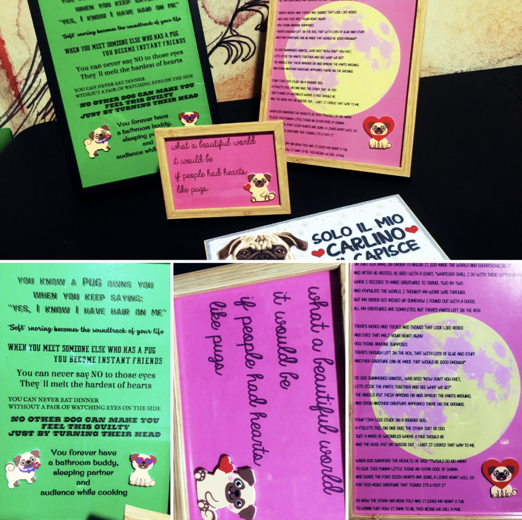 QUADRETTI (utilizzabili anche come cornici da tavolo) CON POESIE CARLINE numero px disponibili: 3, visibili CONTRIBUTO BENEFICO RICHIESTO : grandi € 15 inclusa spedizione piccolo € 12 inclusa spedizione PER ORDINARE: Invia un'email a leonspugrescue@gmail.com , specificando ordine CON NOME ARTICOLO e indirizzo di spedizione. Invia il tuo contributo tramite bonifico bancario a: LEON S PUG RESCUE SALVACARLINO UNICREDIT ( MILANO) IT 94 D 02008 01623 000101415047 oppure puoi versare il tuo contributo utilizzando l'opzione paypal direttamente accessibile dal nostro sito internet PERFAVORE CONTATTACI PER ACCERTARTI CHE L'ARTICOLO SIA ANCORA DISPONIBILE PRIMA DI INVIARE IL TUO CONTRIBUTO !