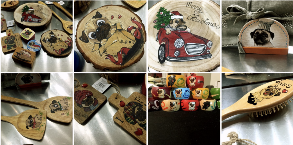 PUGS ON WOOD ! meravigliosi oggetti in legno dipinti a mano da una bravissima artista salvacarlina! SCATOLINE : numero px disponibili 3 contributo benefico richiesto € 15 incl spedizione SOTTOPIATTO o centrotavola ( foto n2) ARTICOLO NON PIU' DISPONIBILE! SOTTOPIATTO o centrotavola ALTO ( foto n3) numero px disponibili : 1 contributo benefico richiesto € 35 incl spedizione PORTATOVAGLIOLO numero px disponibili :1 contributo benefico richiesto € 12 incl spedizione COPPIA MESTOLI numero px disponibili :1 coppia contributo benefico richiesto € 20 incl spedizione TAGLIERE PICCOLO numero px disponibili :1 contributo benefico richiesto € 15 incl spedizione ANELLI PORTATOVAGLIOLO O SEGNAPOSTO numero px disponibili : 12 ordine minimo 2 px, contributo benefico richiesto € 12 incl spedizione SPAZZOLA- non disponibile PER ORDINARE: Invia un'email a leonspugrescue@gmail.com , specificando ordine CON NOME ARTICOLO e indirizzo di spedizione. Invia il tuo contributo tramite bonifico bancario a: LEON S PUG RESCUE SALVACARLINO UNICREDIT ( MILANO) IT 94 D 02008 01623 000101415047 oppure puoi versare il tuo contributo utilizzando l'opzione paypal direttamente accessibile dal nostro sito internet PERFAVORE CONTATTACI PER ACCERTARTI CHE L'ARTICOLO SIA ANCORA DISPONIBILE PRIMA DI INVIARE IL TUO CONTRIBUTO !
